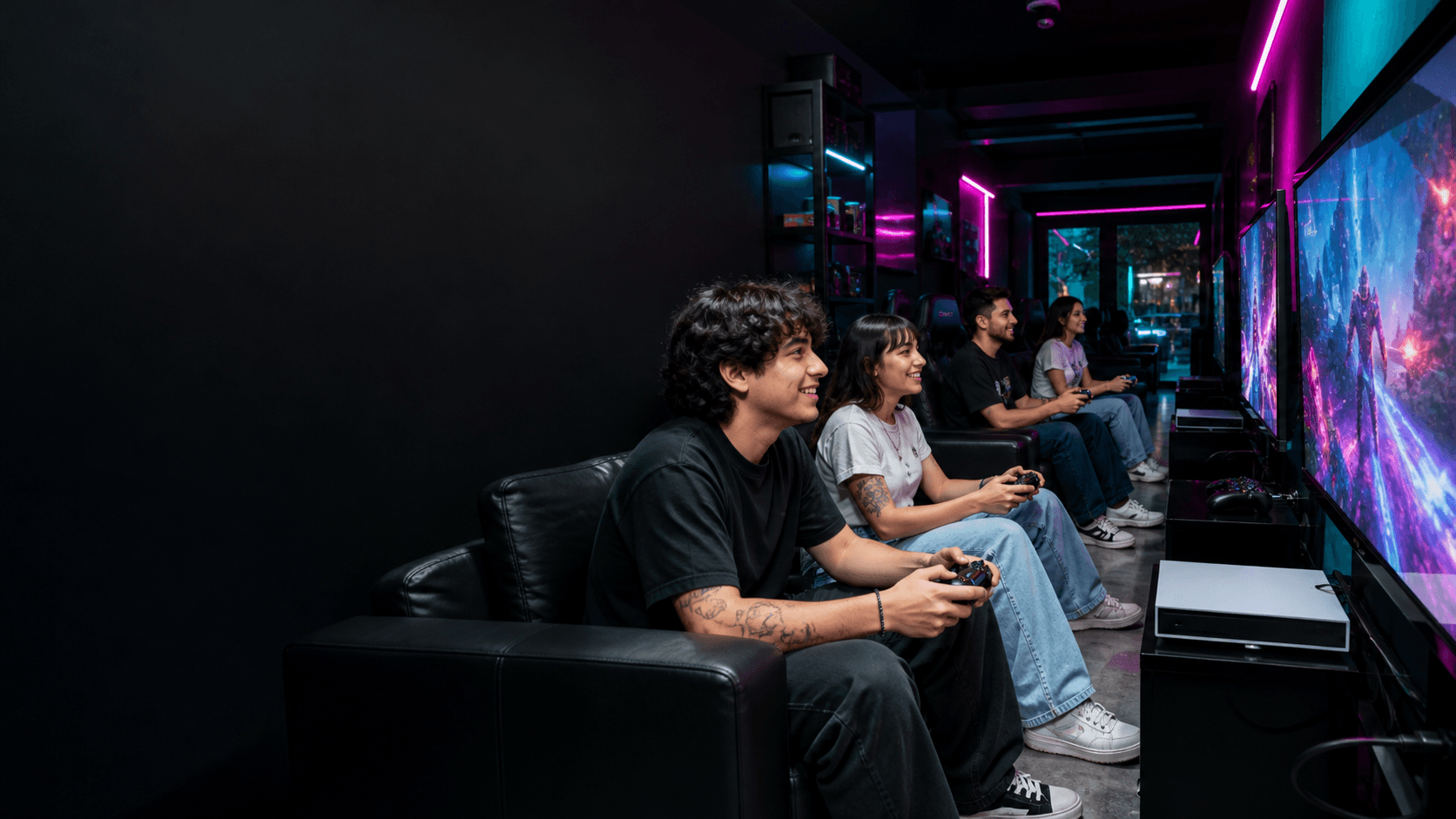 Personas jugando videojuegos en varias estaciones con consolas